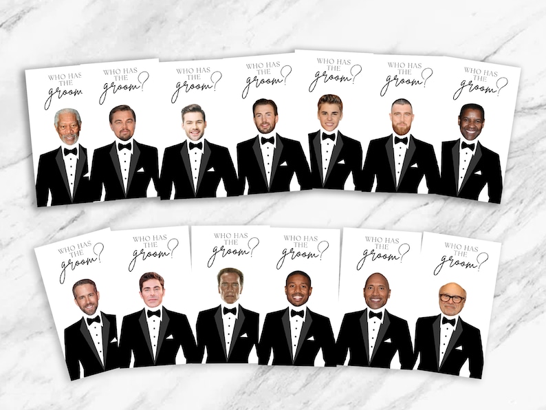 Who has the groom scratch off game cards, also called Who has the groom bridal shower game, featuring a minimalistic tuxedo design.  Winner cards feature the grooms face and loser cards have celebrity faces.  Gold or silver scratch offs go over the faces. Fun printed bridal shower games for bachelorette party and wedding activities.