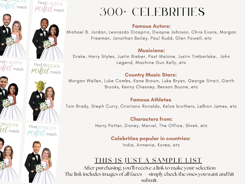 Bridal Shower Games, PRINTED Personalized Celebrity Who Has the Groom Scratch Off Game, Perfect Match ™ image 6