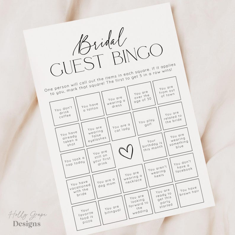 Guest Bingo Bridal Shower Game, Bridal Shower Games, PRINTED + SHIPPED, Bridal Guest Bingo Shower Game Card, Wedding Shower, Printed, Unique image 6
