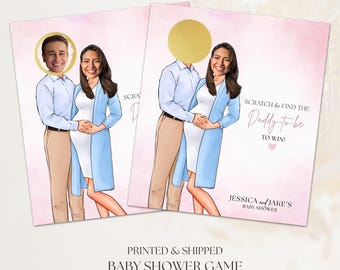 May include: Baby shower game cards featuring a couple illustration with a scratch-off circle. The cards have text that reads "Scratch & Find the Daddy-to-be to Win!" and "Jessica and Jake's Baby Shower". The background is pink.