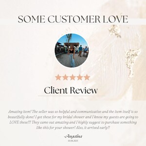 Puede incluir: Gr&aacute;fico color crema con el texto "SOME CUSTOMER LOVE" en la parte superior. Debajo hay una rese&ntilde;a de cliente con una foto y cinco iconos de estrellas. El texto de la rese&ntilde;a dice "Amazing item!" y est&aacute; firmado por "Angelina" con una fecha.