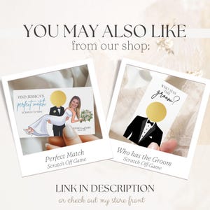 Puede incluir: Dos tarjetas de rascar con tem&aacute;tica de boda. Una tarjeta dice "Perfect Match" con una ilustraci&oacute;n de novios. La otra dice "Who has the groom?" con una ilustraci&oacute;n de esmoquin. El texto "LINK IN DESCRIPTION" tambi&eacute;n es visible.