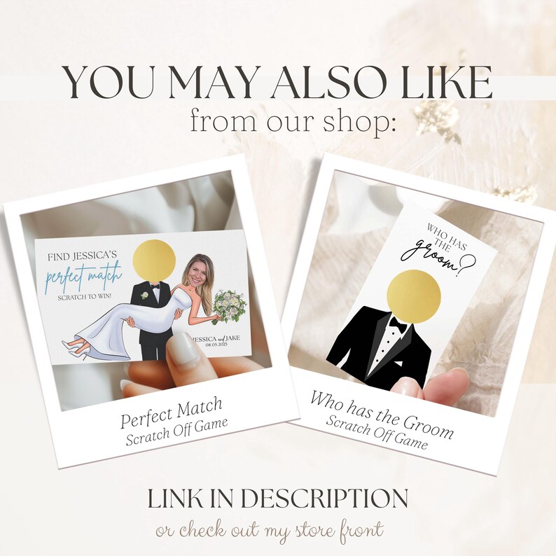 Puede incluir: Dos tarjetas de rascar con tem&aacute;tica de boda. Una tarjeta dice "Perfect Match" con una ilustraci&oacute;n de novios. La otra dice "Who has the groom?" con una ilustraci&oacute;n de esmoquin. El texto "LINK IN DESCRIPTION" tambi&eacute;n es visible.