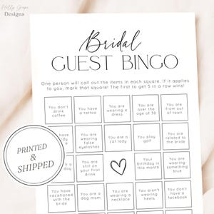Guest Bingo Bridal Shower Game, Bridal Shower Games, PRINTED + SHIPPED, Bridal Guest Bingo Shower Game Card, Wedding Shower, Printed, Unique image 1