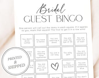 Guest Bingo Bridal Shower Game, Bridal Shower Games, PRINTED + SHIPPED, Bridal Guest Bingo Shower Game Card, Wedding Shower, Printed, Unique