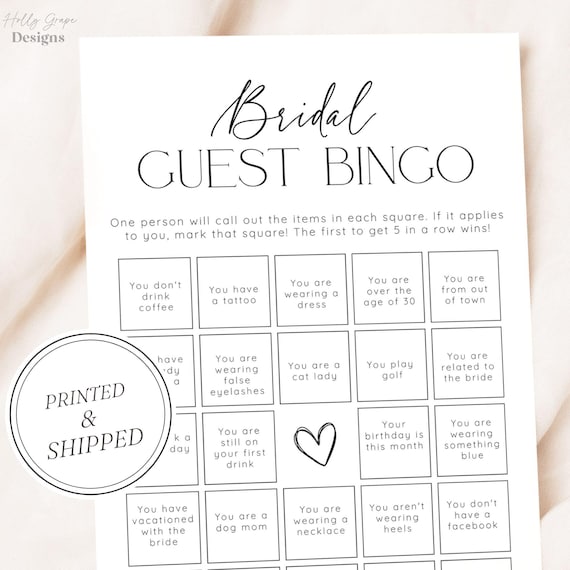 Guest Bingo Bridal Shower Game, Bridal Shower Games, PRINTED + SHIPPED, Bridal Guest Bingo Shower Game Card, Wedding Shower, Printed, Unique