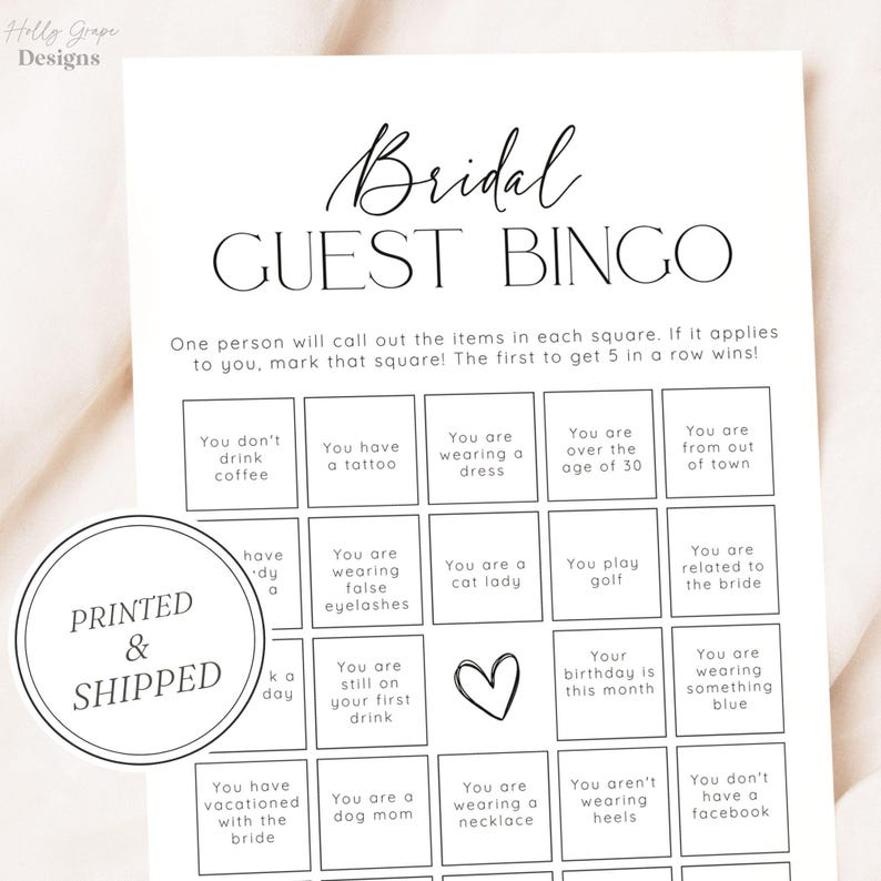 Guest Bingo Bridal Shower Game, Bridal Shower Games, PRINTED + SHIPPED, Bridal Guest Bingo Shower Game Card, Wedding Shower, Printed, Unique image 1