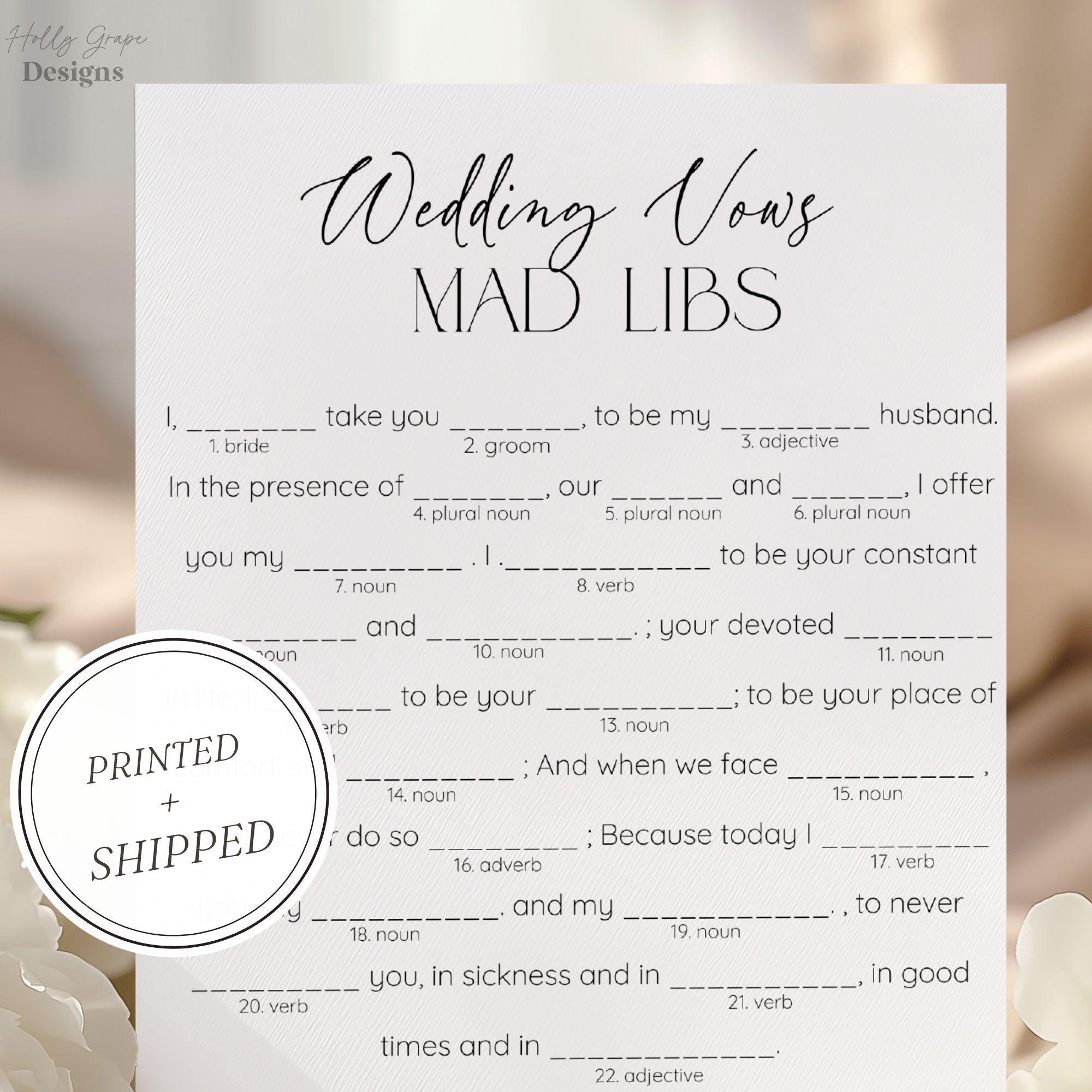 Wedding Vow Mad Libs Bridal Shower Game, Bridal Shower Games, PRINTED + SHIPPED, Bridal Mad Libs Shower Game Cards, Wedding Shower, Printed
