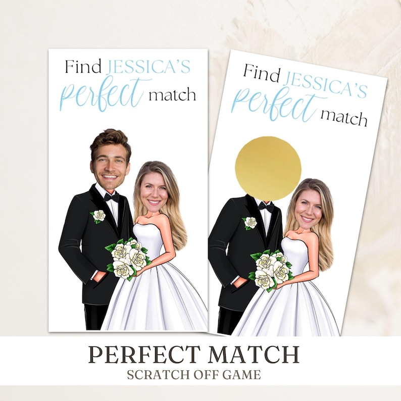 Bridal shower scratch-off game cards titled Find the Perfect Match. Each printed game card features the bride and groom in wedding attire with white roses. One card shows the groom’s face, and the others have celebrity faces. Perfect for bridal shower games, bachelorette parties, or wedding shower activities.  Printed on a 2.5x4" 110 lb card stock with the choice of gold or silver scratch offs stickers.