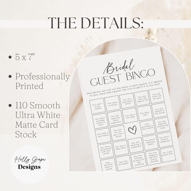 Guest Bingo Bridal Shower Game, Bridal Shower Games, PRINTED + SHIPPED, Bridal Guest Bingo Shower Game Card, Wedding Shower, Printed, Unique image 2