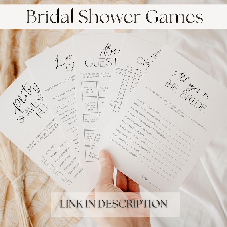 May include: Three printable bridal shower game cards with black text on white paper. The first card is a photo scavenger hunt, the second card is a bridal guest bingo game, and the third card is a crossword puzzle about the bride.