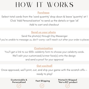 How it works guide for Who has the groom bridal shower scratch off game. Step 1 purchase and personalize, step 2 send your photo, step 3 choose from 800+ celebrity faces, and step 4 receive printed dad scratch off game cards ready to play as unique bridal shower games or party fun.
