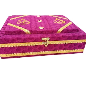 Handcrafted Wooden Velvet Covered Kaba Quran Box | Beautiful Engraved Islamic Decor | Perfect for Safekeeping Your Holy Book,Kuran Box.