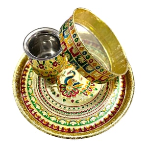 Meenakari Karwa Chauth Thali Set: Stainless Steel Pooja Thali with Channi & Lota