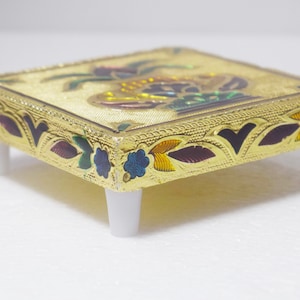 Krishna Meenakari Bajot Handmade Bajot Indian Chowki Pooja Stool Wooden Pooja Chowki God Sitting Stool Traditional Bajot for God Puja Decor