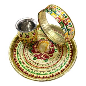 Meenakari Karwa Chauth Thali Set: Stainless Steel Pooja Thali with Channi & Lota