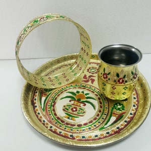Karwa Chauth Special Stainless Steel Puja Thali Meenakari Work, 1Pcs Of Thali, 1 Pcs Of Chalni, 1 Pcs Of lota