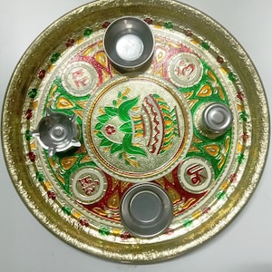 Stainless Steel Multicolor Traditional And Meenakari Puja Thali/Decorative Pooja Thali