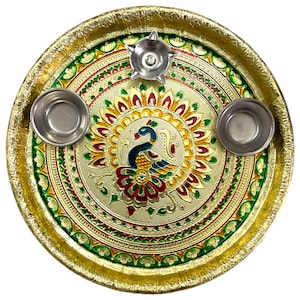 Decorative Pooja thali/Ornate Embellished Pooja Plate/Traditional Aarti Thali/Decorated Pooja Tray/Indian Pooja Thali with Diyas/Puja Thali.