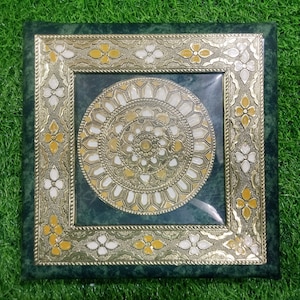 Green Velvet Meenakari Handmade Bajot Indian Wooden Pooja Chowki God Sitting Stool Puja Decor Tradition Indian Pooja Chowki For Diwali Gift