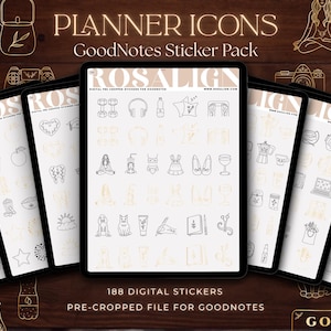 Könnte beinhalten: Digitaler Planer-Icons-Sticker-Pack für GoodNotes. Das Bild zeigt mehrere Tablets mit verschiedenen handgezeichneten Symbolen, darunter Hanteln, Kopfhörer und ein Weinglas. Der Text lautet "PLANNER ICONS GoodNotes Sticker Pack" und "188 DIGITAL STICKERS PRE-CROPPED FILE FOR GOODNOTES."