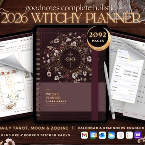 Könnte beinhalten: Ein digitaler Planer für 2026, "Witchy Planner", mit einem dunkelburgunderfarbenen Einband mit floralen und himmlischen Designs. Der Planer umfasst 2092 Seiten und ist für tägliches Tarot, Mond und Tierkreiszeichen konzipiert. Er enthält auch Kalender- und Erinnerungsfunktionen.
