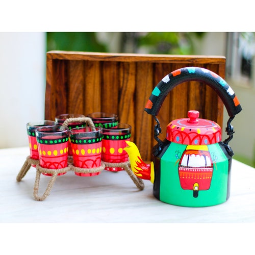 Craftox décor Aluminum Handpainted Kettle, 6 Handpainted Glass, Iron shops Roped Stand, Brown Natural Wooden Tray (Multicolour) - Set of 9 Pieces