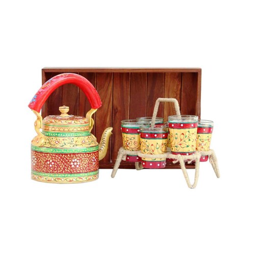Craftox décor Aluminum Handpainted Kettle, 6 Handpainted Glass, Iron shops Roped Stand, Brown Natural Wooden Tray (Multicolour) - Set of 9 Pieces