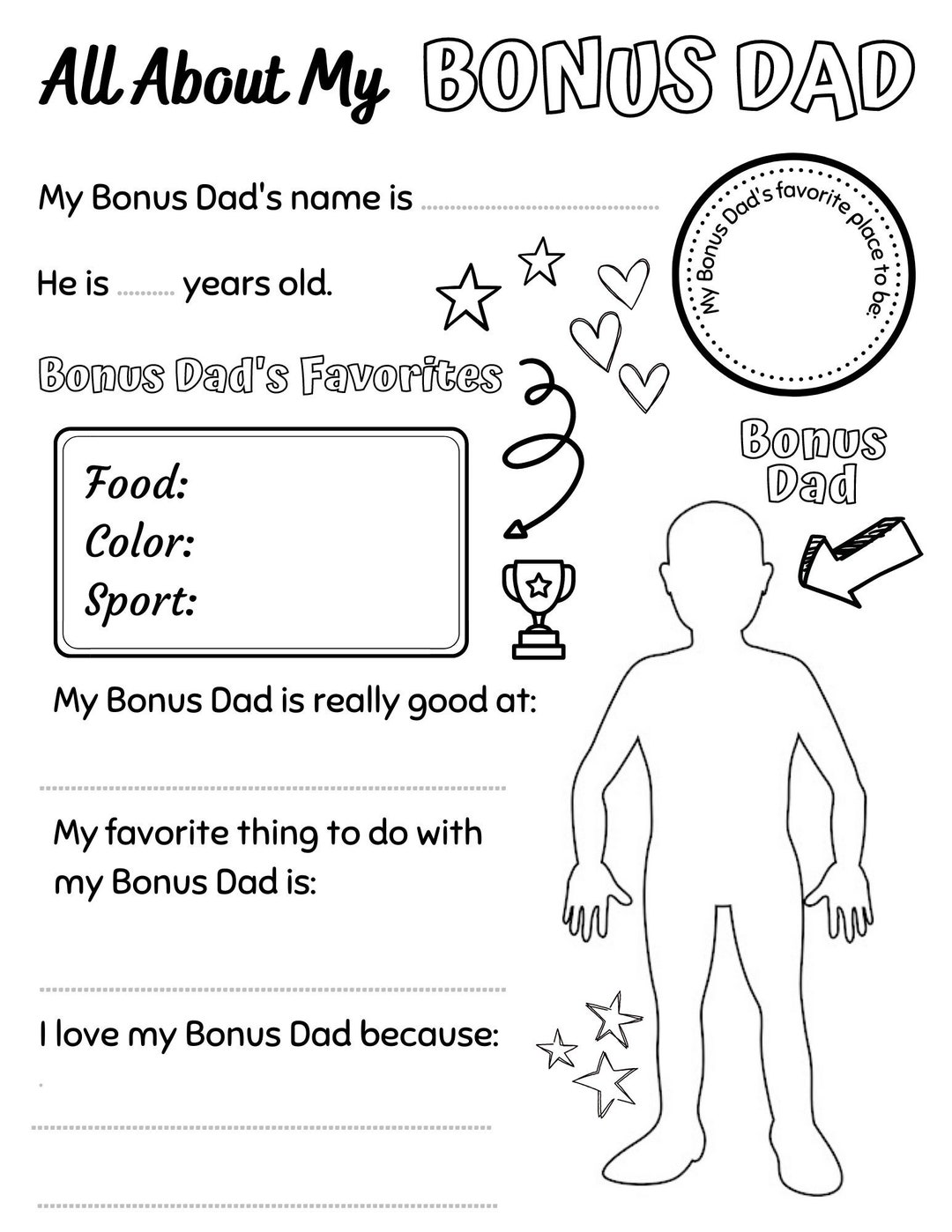 All About My Bonus Dad, Fathers Day Gift, Bonus Dad Printable, Fathers ...