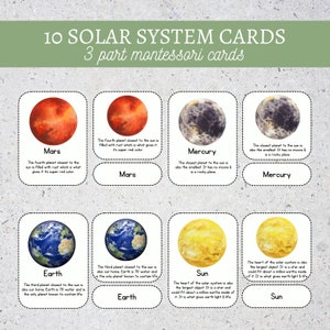 10 cartes flash du système solaire | Cartes Flash spatiales | Imprimables pour l'école à la maison | Matériaux Montessori