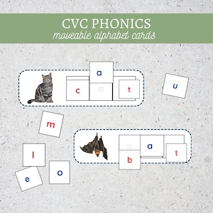 Tarjetas de combinación de letras movibles Montessori para imprimir y combinar palabras CVC/Reconocimiento de letras para niños en edad preescolar/Actividad fonética para jardín de infantes.
