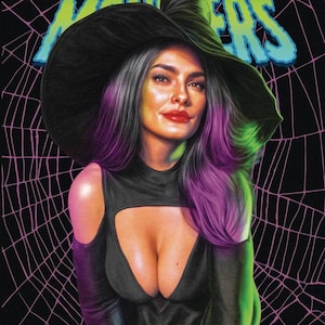 May include: A portrait of a woman with purple-streaked hair wearing a black witch hat and dress. The background is black with a pink spiderweb design. The word "Witches" is at the top in blue and green.