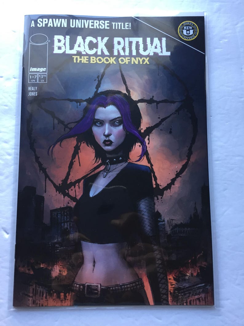 May include: A comic book cover for "Black Ritual: The Book of Nyx" features a woman with purple hair and dark makeup. The background includes a pentagram and a cityscape. The title and issue details are visible.