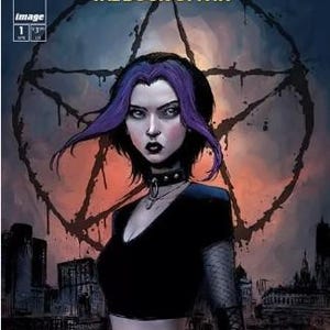 May include: Comic book cover for "Black Ritual: The Book of Nyx" featuring a woman with purple hair and dark makeup. The title is in large white letters, with a pentagram in the background. The comic is labeled "Image" and "1".