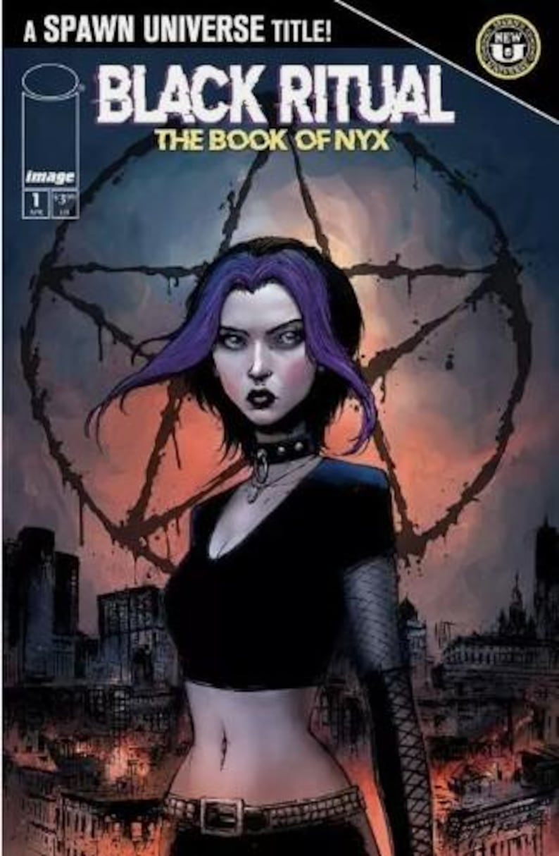 May include: Comic book cover for "Black Ritual: The Book of Nyx" featuring a woman with purple hair and dark makeup. The title is in large white letters, with a pentagram in the background. The comic is labeled "Image" and "1".