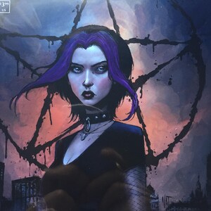 May include: Comic book cover art featuring a woman with purple hair and pale skin, wearing a black choker and top. A large black pentagram is in the background, with a cityscape and a price tag in the upper left corner.