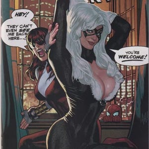 May include: A comic book cover featuring a woman in a black and white catsuit with a white mask and a woman in a red and white costume. The cover is titled "The Amazing Spider-Man" and features the text "You're Welcome!" in a speech bubble.