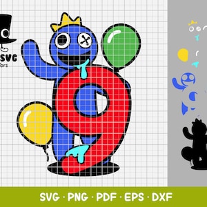 May include: A blue and red number nine with a cartoon character wearing a crown and holding balloons. The character has a blue body, a yellow crown, and a dripping green mouth. The balloons are yellow, green, and red.