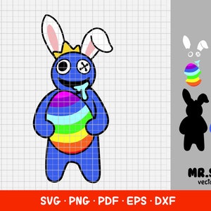 May include: A blue Easter bunny with a crown and dripping slime holds a rainbow Easter egg. The bunny has a stitched-up mouth and X for eyes.