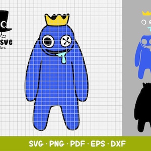 Puede incluir: Monstruo azul con una corona, ojos saltones y una boca que gotea. El monstruo está de pie sobre un fondo de cuadrícula blanca.