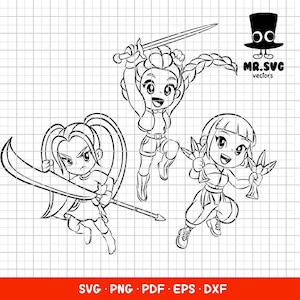 以下が含まれることがあります： 3人の漫画の女性戦士の白黒線画。それぞれが武器を持ったダイナミックなポーズをとっている。1人は剣、もう1人は大きな湾曲した刃、3人目は2つの折り紙のようなオブジェクトを持っている。テキスト「MR.SVG vectors」とファイルタイプのオプションが含まれています。