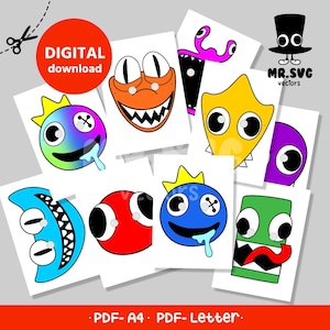 May include: Printable set of 8 monster masks with googly eyes, crowns, and colorful designs. The masks are ready to be cut out and used for crafts, parties, or play.  The text "DIGITAL download" and "MR.SVG vectors" is included in the image.