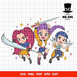 Peut inclure: Illustration numérique de trois personnages de style anime avec des armes. Les personnages ont des cheveux rouges, violets et bleus. Le texte "SVG • PNG • PDF • EPS • DXF" et le logo "MR.SVG vectors" sont inclus.