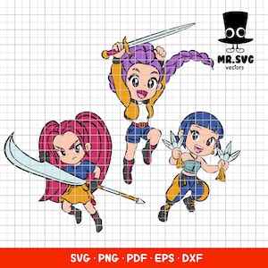 May include: A digital illustration featuring three anime-style characters in action poses. One character has pink hair and wields a large sword, another has purple hair and a sword, and the third has blue hair and holds two objects. The image includes the text "MR.SVG vectors".