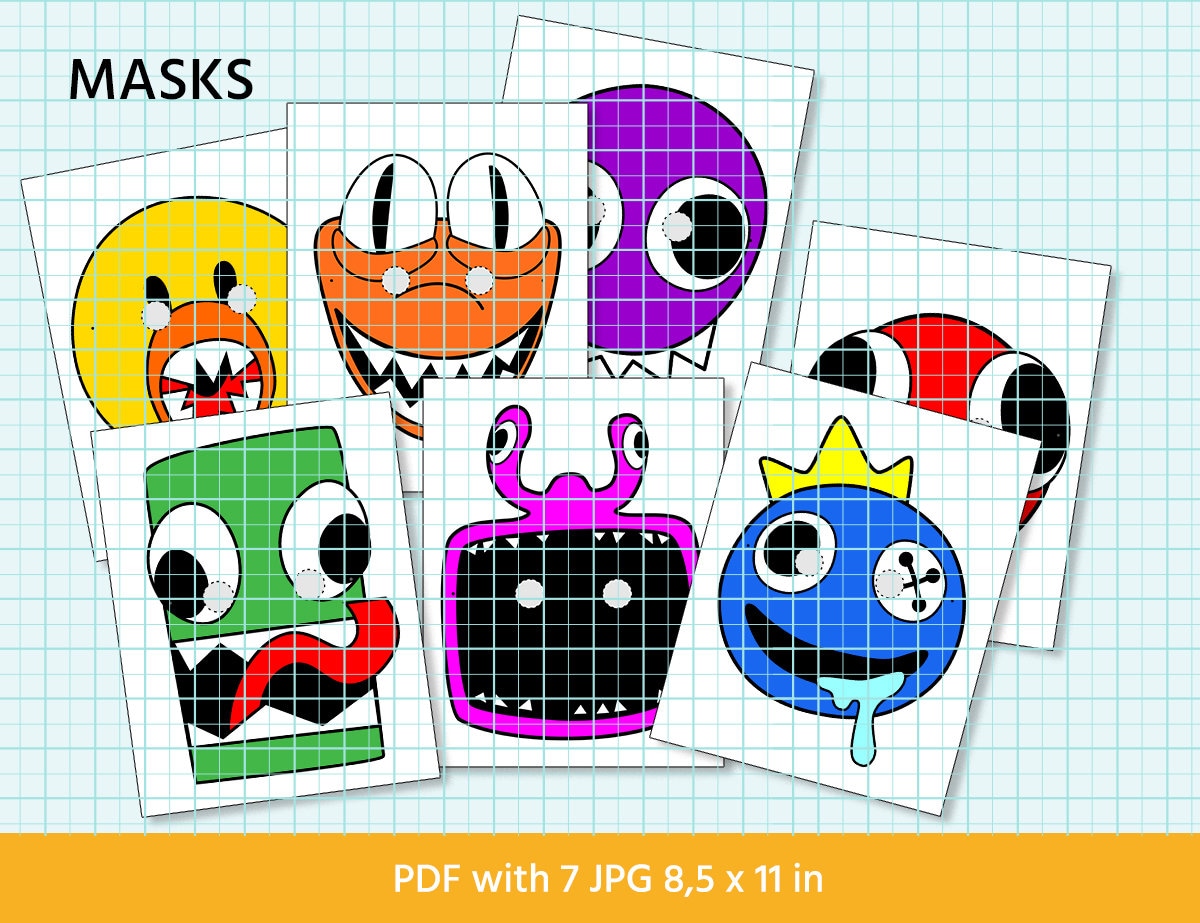 Rainbow Friends characters faces in grid.. Blue Roblox Rainbow