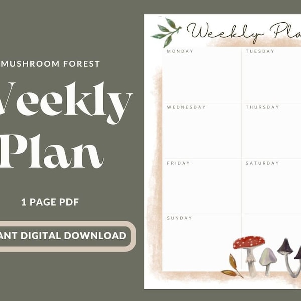 Cottage Core Mushroom Weekly Plan, Printable Plan, Digital PDF