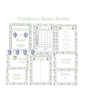 May include: Printable Wildflower Bunco Bundle includes a welcome sign, scorecard, tally sheet, ghost card, head table sign, food card, and table number card. The cards feature a white background with a green border and a floral pattern.