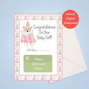 Félicitations pour votre porte-carte-cadeau bébé fille, cadeau de naissance, nouveau cadeau de bébé, porte-carte-cadeau rose pastel ours bébé fille, cadeau de bébé