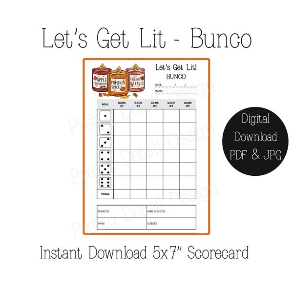 Printable Bunco Let's Get Lit Fall Bunco Scorecard, Score Sheet, Bunko Party, Fall Scorecard, Thanksgiving Bunco, printable template PDF JPG