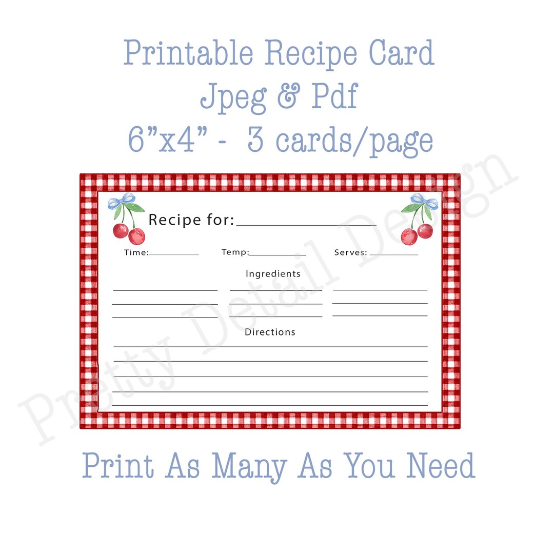Printable Recipe Cards, Coquette Cherry Red Gingham Recipe Cards, Party ...